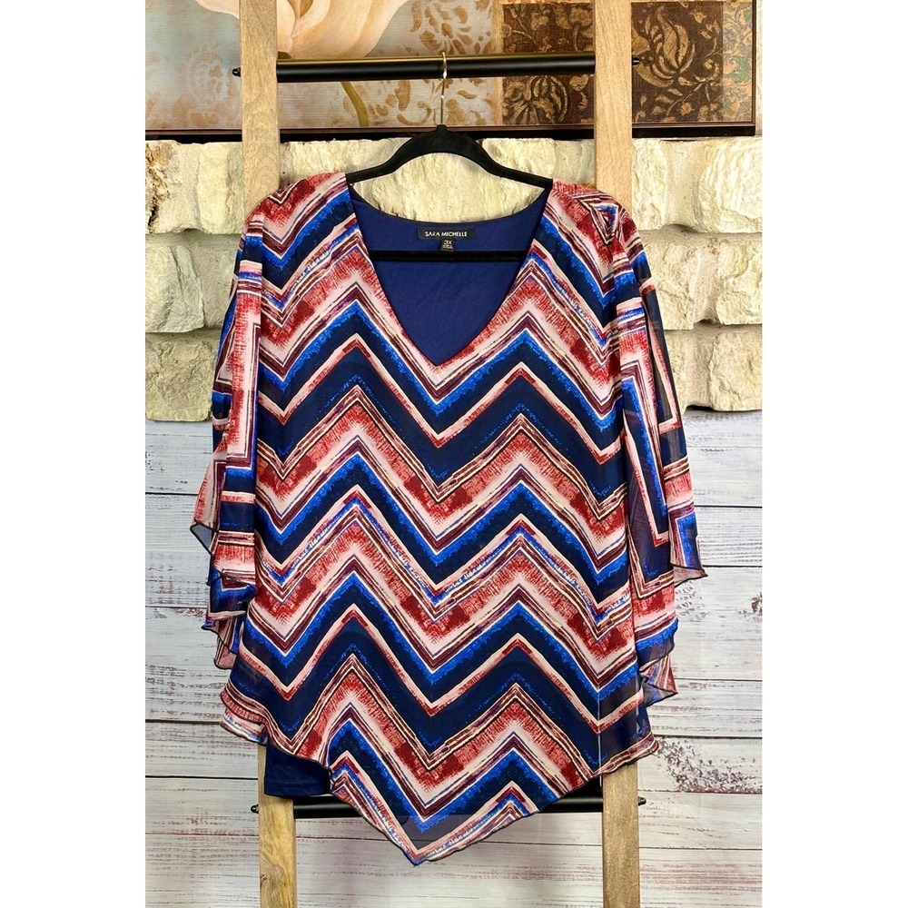 Sara Michelle Womens 3X Chevron Handkerchief Overlay Blouse Burgundy Pink Blue - Picture 7 of 9